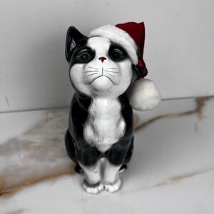 Vtg Enesco Tuxedo Santa Cat 8in Ceramic Christmas Decor Kitsch Whimsy Holiday